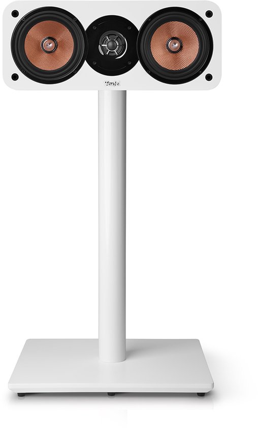Witte luidspreker met koperkleurige drivers op een witte standaard.