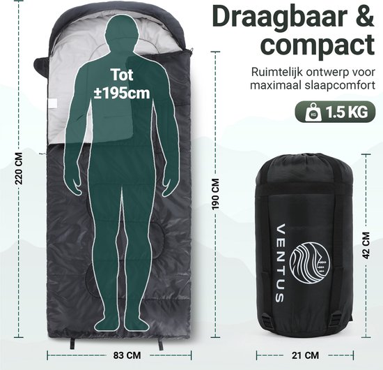 Ventus Slaapzak - Comfortzone 5 - 15 °C - 220 x 83 cm - Incl Compressiezak - Geschikt voor Volwassen en Kind - Mummy Sleeping Bag - Kamperen - Lichtgewicht - Koppelbaar 1 of 2 persoons - Zwart van Ventus — afbeelding 2