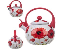 KADAX Waterketel, ketel van roestvrij staal, 2,2 l fluitketel, waterkoker voor inductie en gasfornuis, theeketel, emaille ketel, retro ketel met pijp (klaprozen)