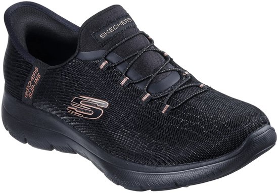 Zwarte Skechers Slip-Ins damesinstapper met roze veters en S-logo.