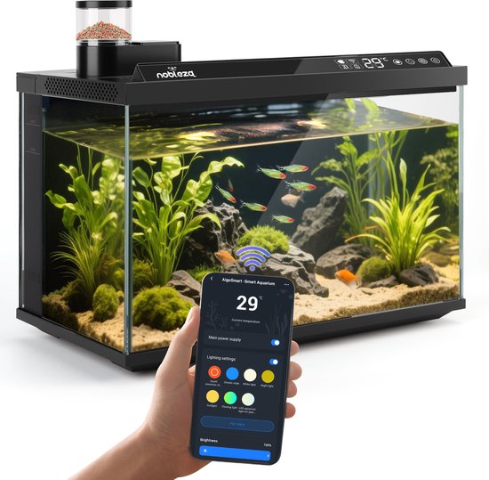 Nobleza SA01 - Smart Aquarium 30L - App/Google Assistant/Alexa-bediening - Slim aquarium met drievoudige filtratie, afstandsbediening voor voeren, automatische afvoer met één druk op de knop - Zwart