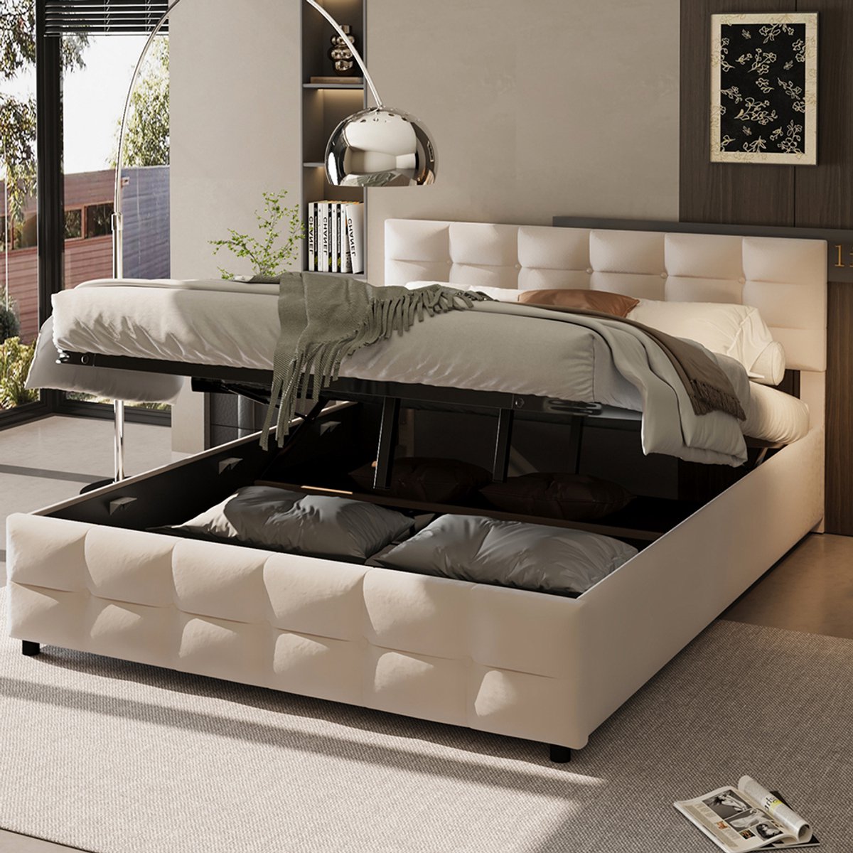 Pugsdrly Gestoffeerd bed 180*200 cm, lattenbodem, hydraulisch eenpersoonsbed, Nederlands fluweel, beige