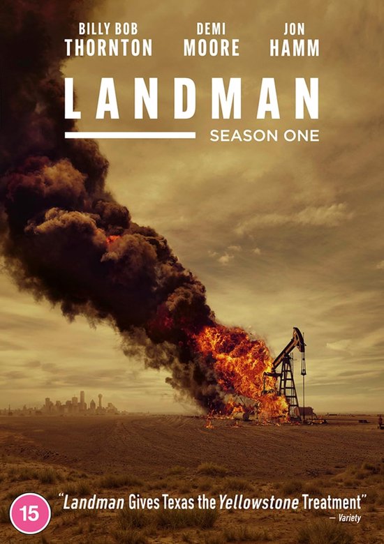 Voor- en zijkant van de dvd-hoes van Landman Seizoen 1 met een brandende olieboorinstallatie en de tekst "Landman".