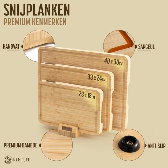 Namture Ensemble de planches à découper avec support – 3 Planches à découper – Design Uniek et Extra épais – Planche à découper en Bamboe de Premium – Antidérapante – Planche à boissons – Planche à tapas – Planche de service – Planche à fromage