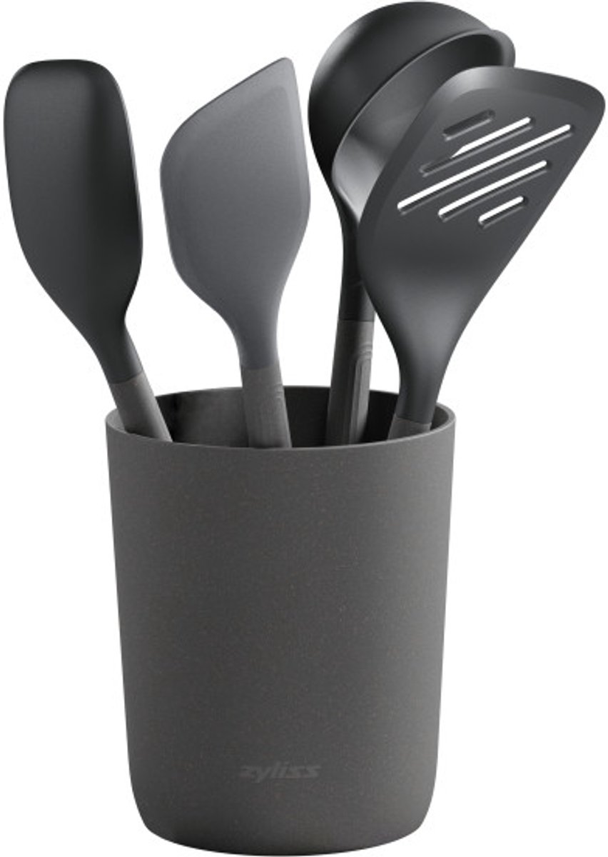 Zyliss Keukengerei Set – 5-delige Set met Houder – Duurzaam Tarwestro – Hittebestendig – Vaatwasserbestendig – Zwart
