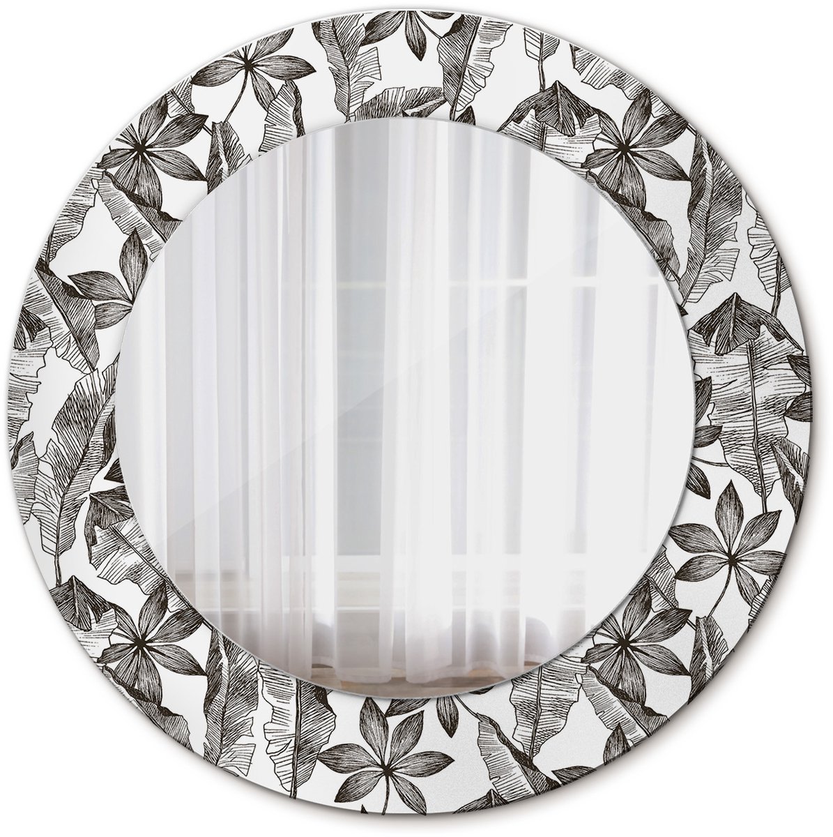 Tulup Spiegel - Ronde vorm Spiegel - Veiligheidsglas - Tropische bladeren - Diameter: 50 cm - Zwart-Witte - Slaapkamerspiegel - Badkamerspiegel - Gang - Kleedkamer - Design Spiegel - Stijlvolle Spiegel - Wanddecoratie Spiegel - Spiegelmontageset