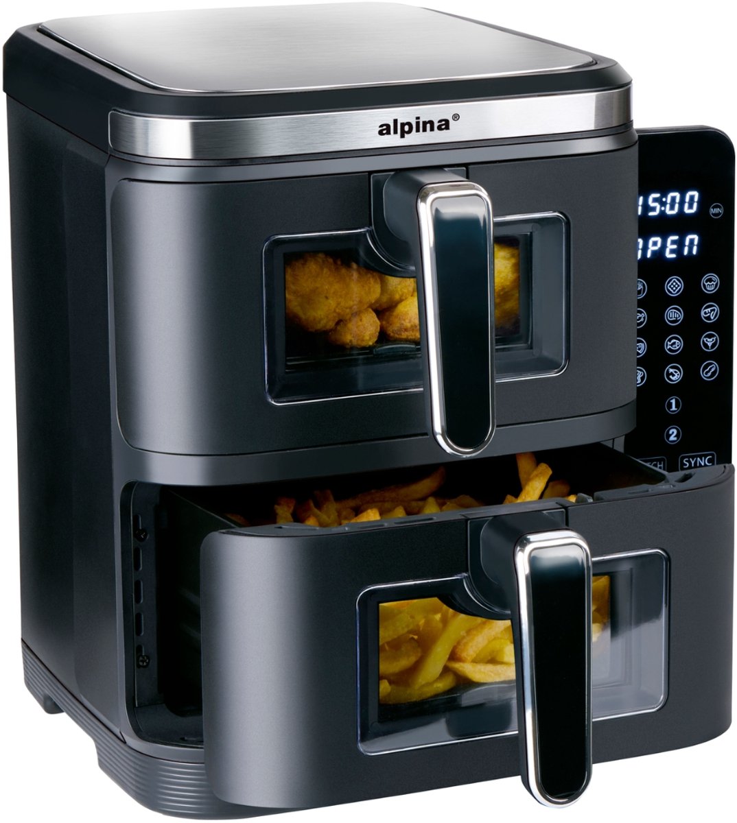 Afbeelding 3 van alpina Airfryer XXL - Dubbele Air Fryer 11L - Heteluchtfriteuse 2 Manden - Double Stacked voor 8 Personen - Opvouwbaar Display - Timerfunctie tot 60 Minuten - Temperatuur 60-200°C - Zwart