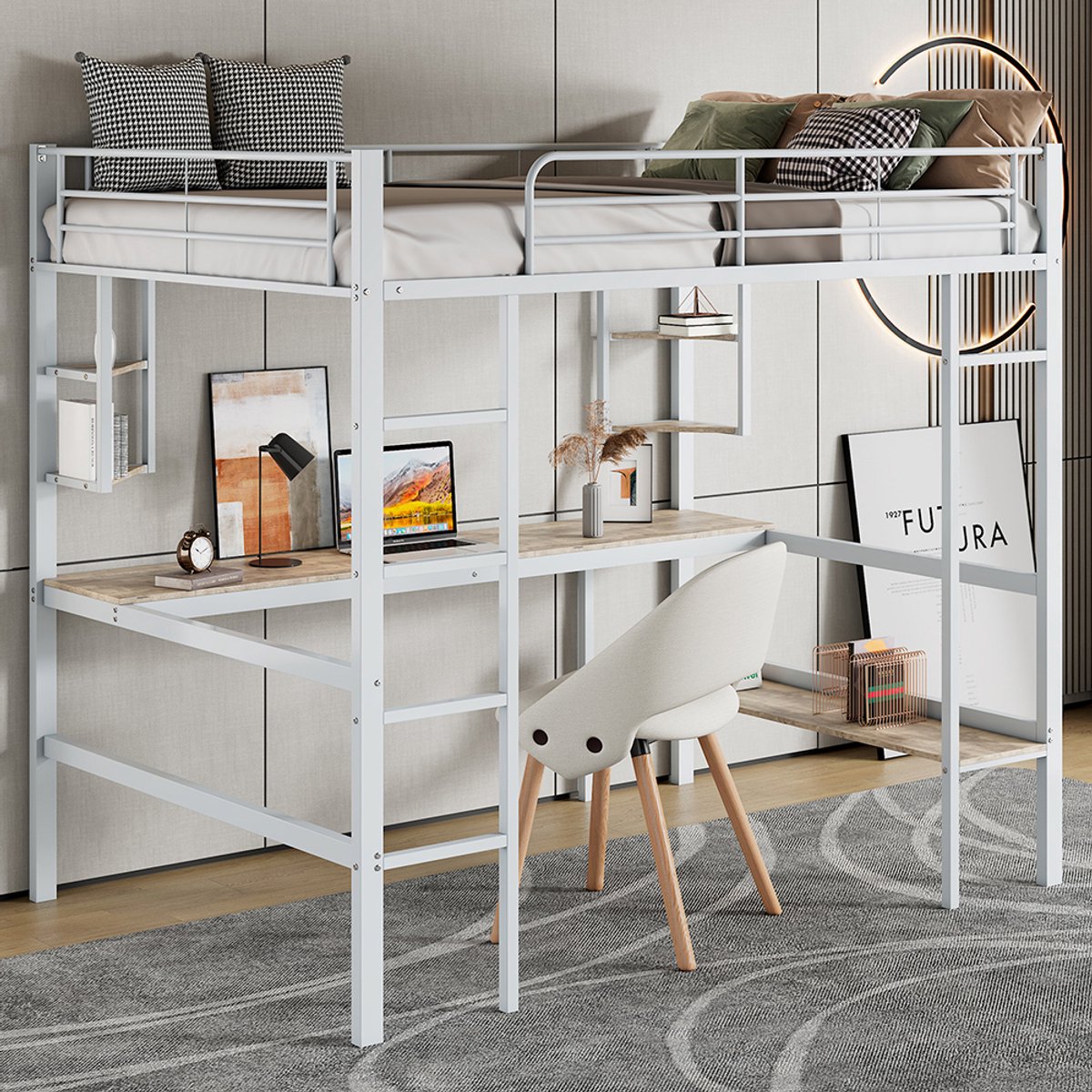 Pugsdrly 90x200cm bedframe metalen bed, ijzeren bed met bureau, hoogslaper met vier kleine planken en een grote boekenkast voor kinderen, tieners en volwassenen, wit