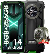 Oscal PILOT 2 Robuuste Smartphone - 24GB RAM - 256GB ROM - 8800mAh(45W) - Dubbel scherm 6.5 inch - Robuuste Telefoon - IP68 Waterdicht - NFC - Dual SIM - Groente met Slimme horloge Blackview W60