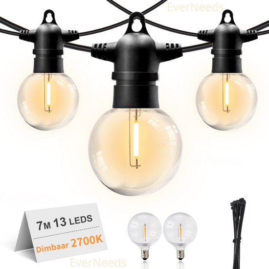EverNeeds G50 Lichtsnoer Voor Buiten - 7 Meter - 13 LED - Met Dimfunctie - Lichtslinger - Sfeerverlichting - Buiten en Binnen - Tuinverlichting - Lampjes Slinger - IP65 Waterdicht - 2700K - 2 Extra Leds
