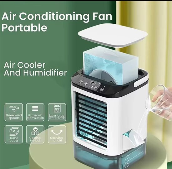 Refroidisseur d'air - Airco - 12Watt - Ventilateur de refroidissement - Ventilateur - Humidificateur avec fonction spray - Mini - Pour chambre ou bureau - Grand réservoir d'eau de 900 ml - Avec USB 5v - Machine à glaçons