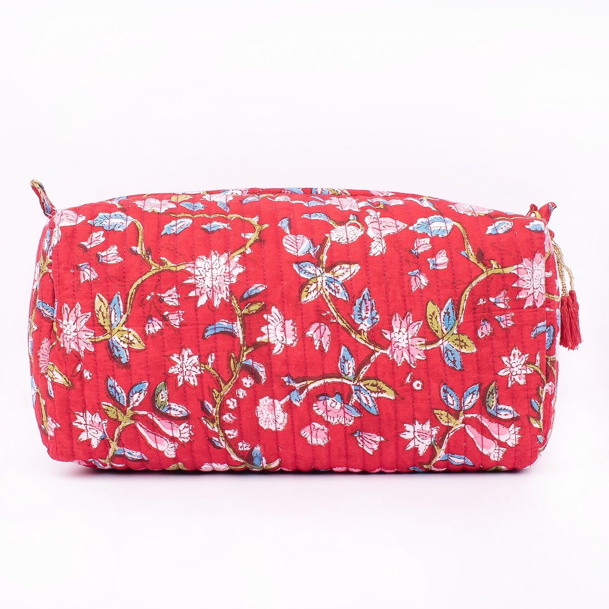 Bambooya make-up tas - Bohemian - Ibiza Style - Made in India - Tassel - Rood met bloemen - Small ( 17 x 12 x 7 cm )