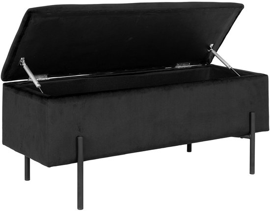 Zwarte fluwelen hocker met deksel open, staande op dunne zwarte pootjes.