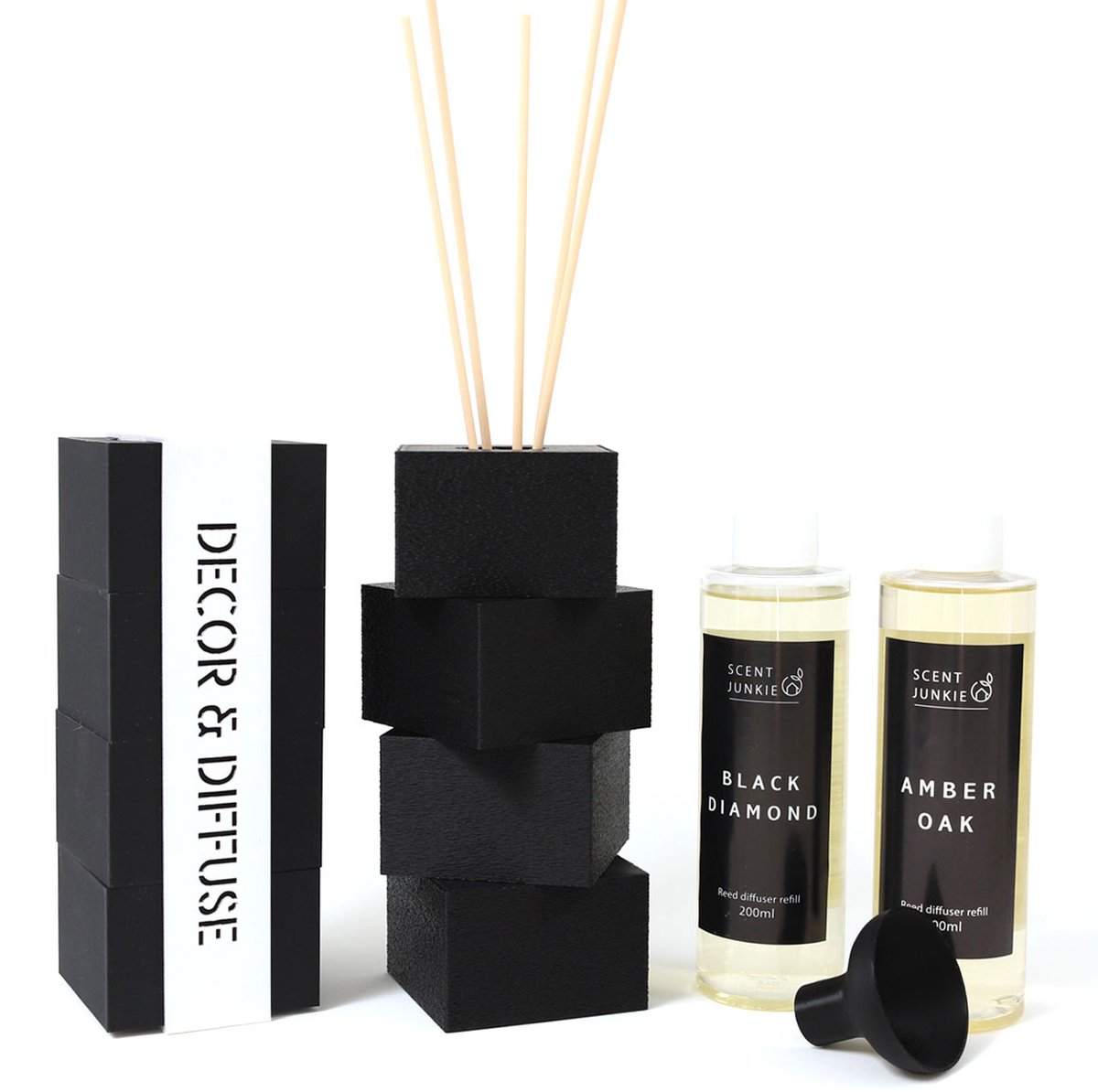 Zwarte Geurstokjeshouder Structuur – Luxe Diffuser Set Amber Oak en Black Diamond – Navulbare Geurstokjes 400 ml – Stijlvol Huisparfum Cadeau