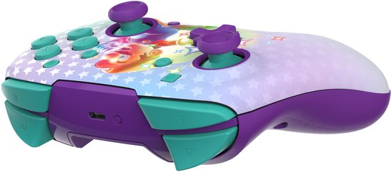 Controller met Mario-opdruk, paarse en turquoise knoppen, en sterrenpatroon.