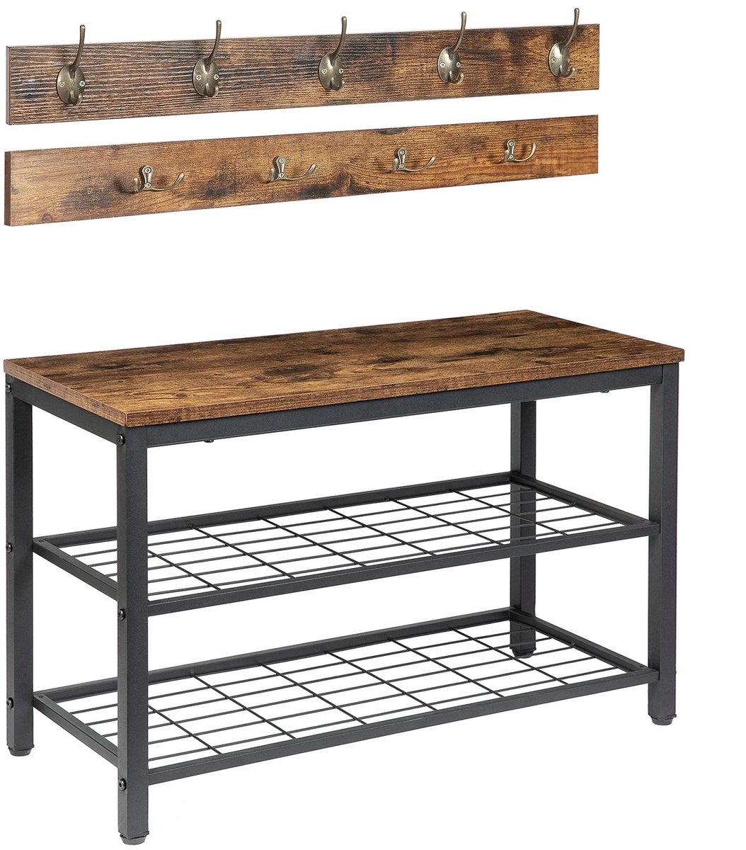 Cissé-Kapstok-Schoenenbankset-Ingang Schoenenrek- Met 9 haken organizer-Rustiek bruin en zwart- Industrieel design- 30x70x46cm