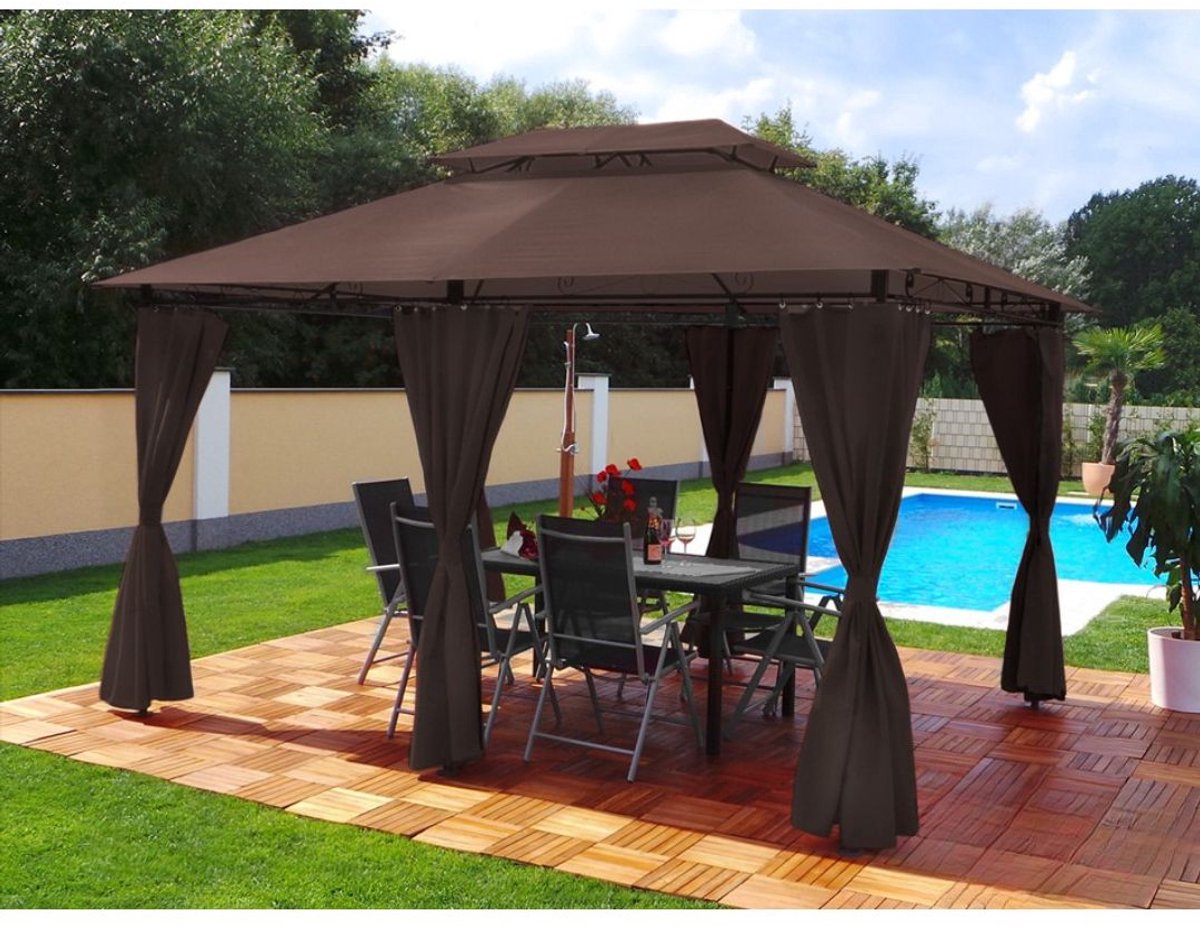 Yolo-deals - Tuin Prieel DeLuxe met LED verlichting - Solar - 3x4M - UV bestendig - Incl zijwanden - Bruin