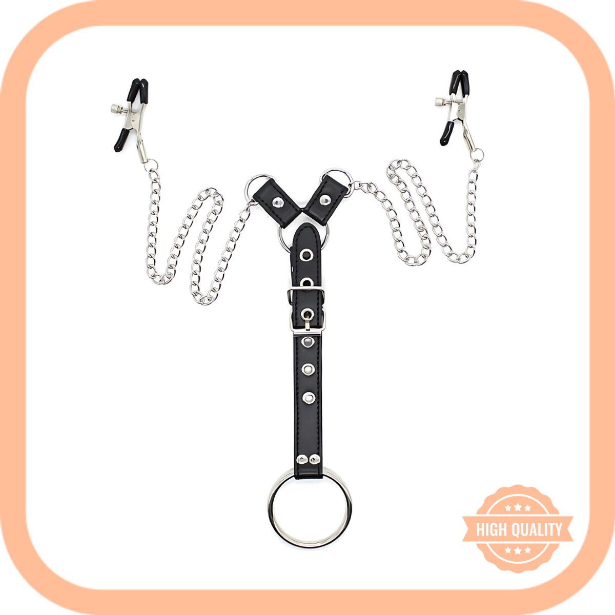 Goedkoopste Tepelklemmen Met Cockring 5,5cm - Leren Verstelbare Riemen - Fetish - BDSM - SM - Nippel Teasers - Nippel Clamps - Zwart