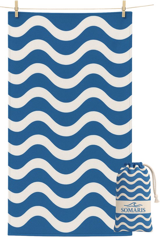 SOMARIS® Strandlaken Microvezel 200x90 - Sneldrogende Handdoek - Compact - Zandvrij - Opbergzakje - Blauw/Beige