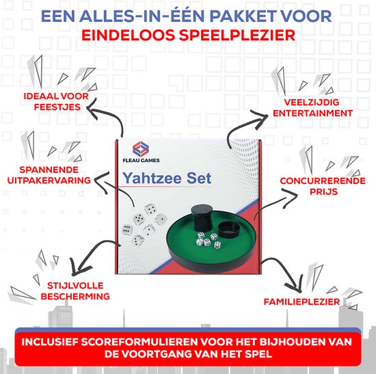 Box met Yahtzee set en dobbelspel op groen veld. Kenmerken: feesten, veelzijdig, prijs, familie, uitpakken, bescherming.