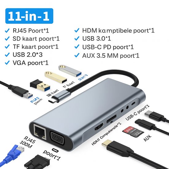 USB C Hub, 11 in 1 Adapter USB C Docking Station, 4K USB C To HDMI, VGA, USB3.0 USB2.0, TF Card Reader, USB C PD, RJ45 Ethernet, Mic Audio, Compatible for Type