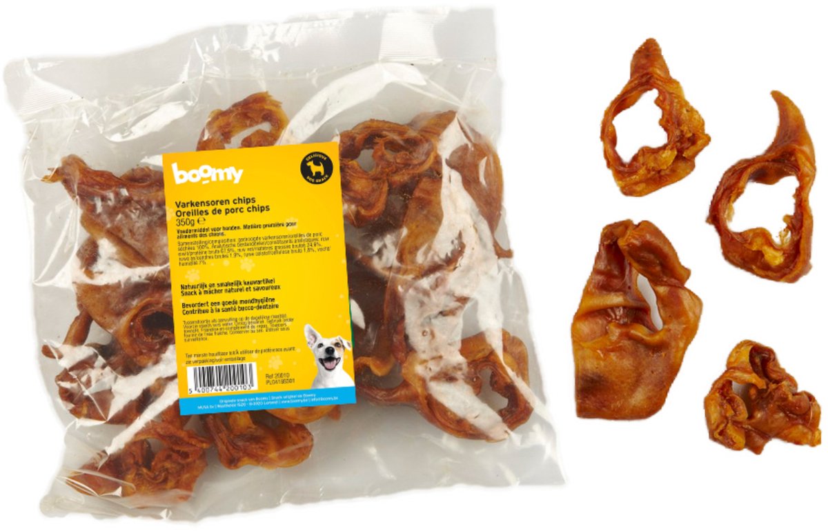 Boomy - Varkensoren Chips – 100% Natuurlijke hondensnacks - Varkensoren in stukjes van 6-7cm – Gezonde hondensnoepjes voor alle rassen - 350g
