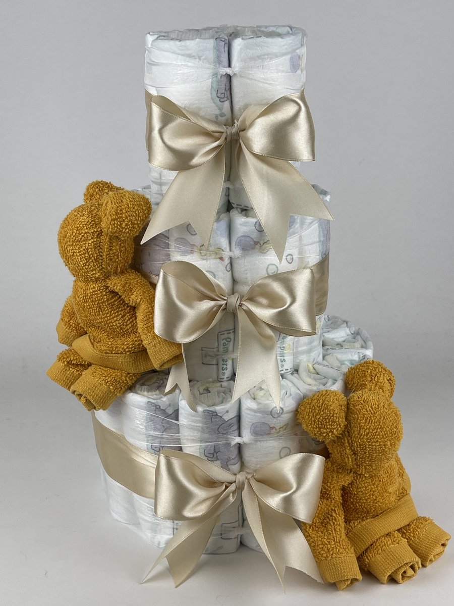 Chouette-Chouette | Luiertaart Neutraal | Kraamcadeau | Geboorte Jongen Meisje | Babyshower | Beren Oker - Beige