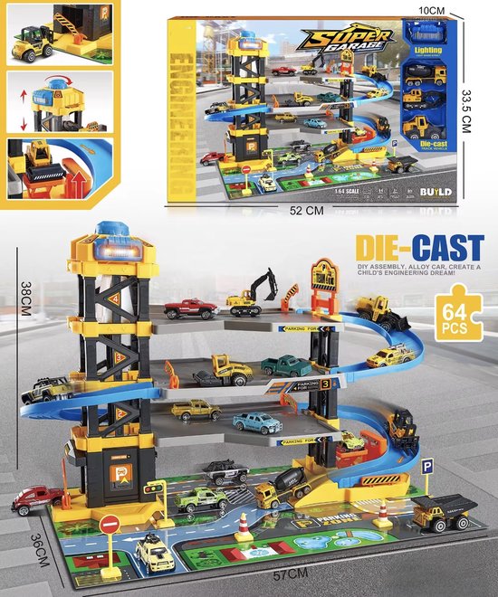 Super Garage Speelset met Bouwvoertuigen – 64-delige Parkeergarage met Licht & Geluid – Inclusief Die-Cast Auto’s – Racebaan voor Kinderen