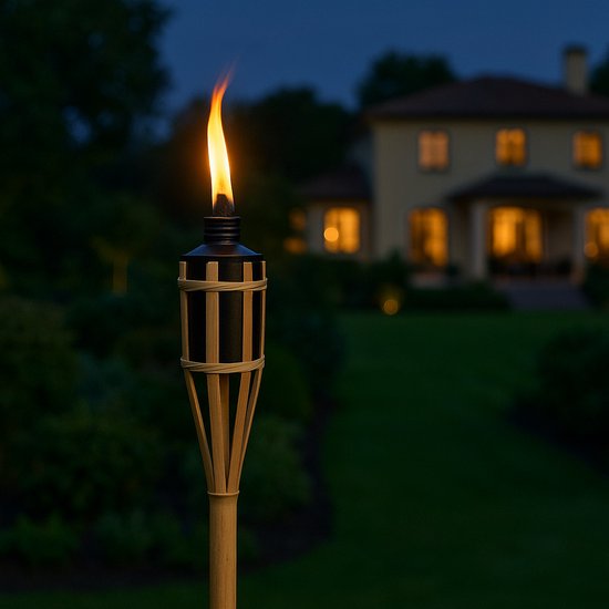 Een brandende bamboe fakkel met zwart en beige strepen staat op een gazon voor een huis.
