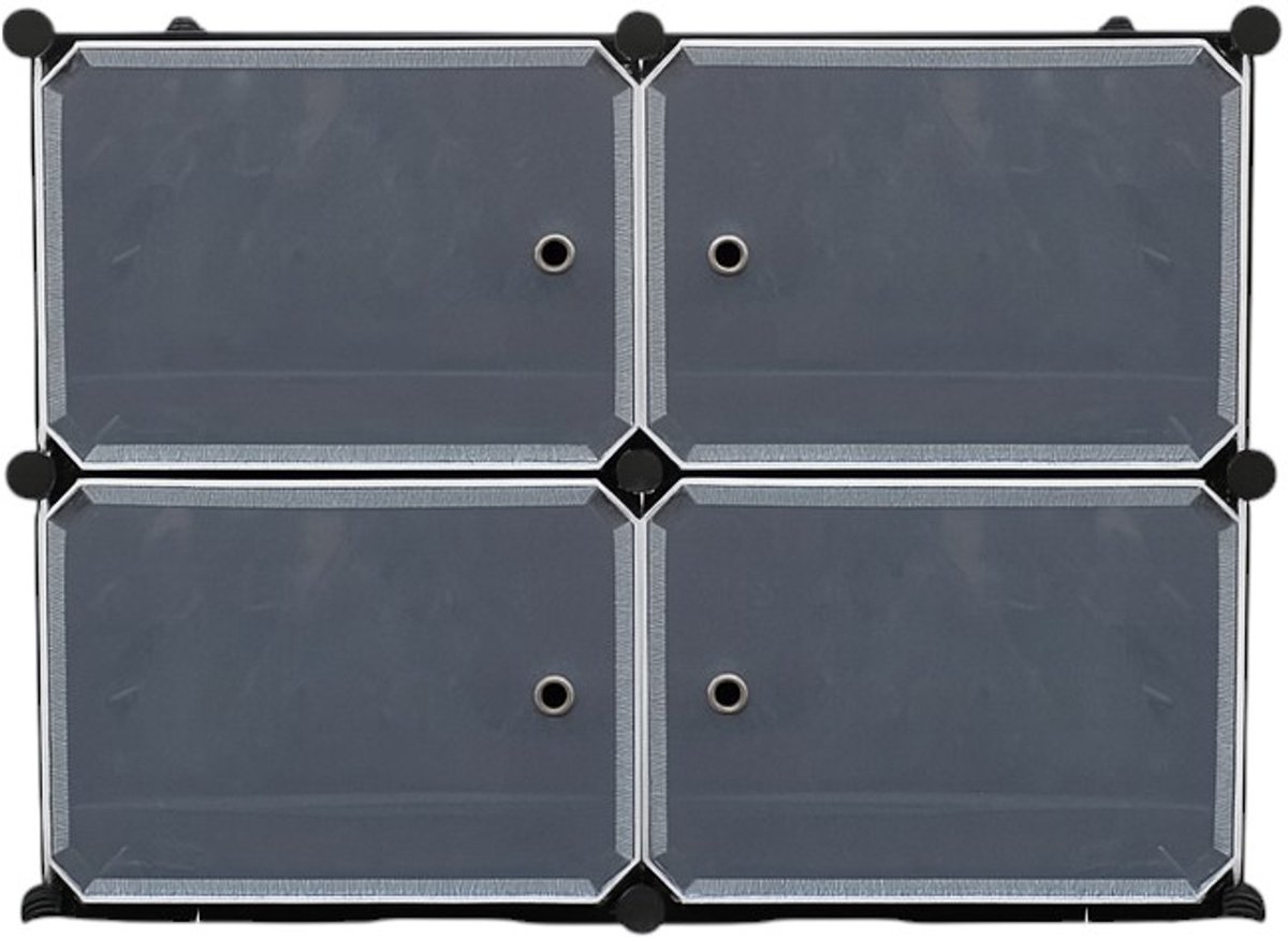 Schoenenkast – 4 Vakken – 81 x 65 cm – Stijlvol & Ruimtebesparend – Kunststof Opbergkast met Deurtjes – Zwart/Grijs