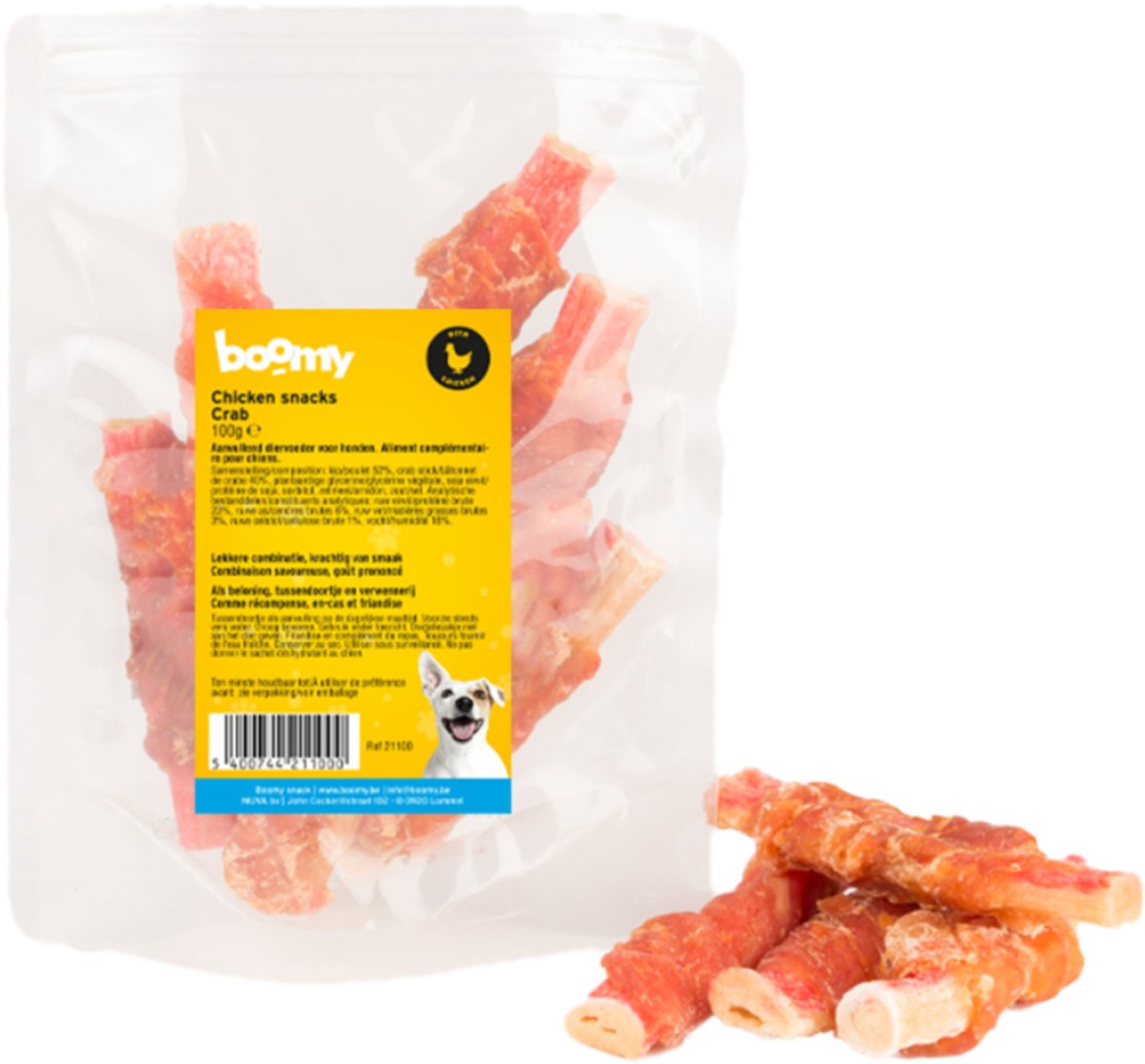 Boomy - Hondensnacks - Hondenkoekjes - Hondensnoepjes met stevige krabstick omhult met malse kip - 3 x 100g