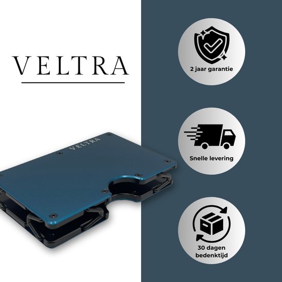 Portefeuille Veltra - Porte-cartes - Minimaliste - Homme et femme - Protection RFID - Aluminium - Jusqu'à 15 cartes - Mécanisme à ressort - Pince à billets - Billets - Bleu marine