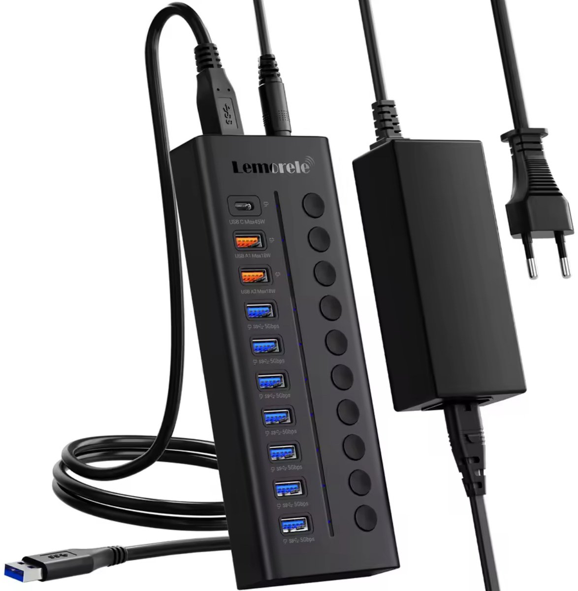 Lemorele TC120 – 10-in-1 USB-C Hub Multiport Adapter – 7× USB 3.0, 3× Oplaadpoorten, 5Gbps Data, 100W PD – Geschikt voor MacBook, Windows, Tablets, Smartphones