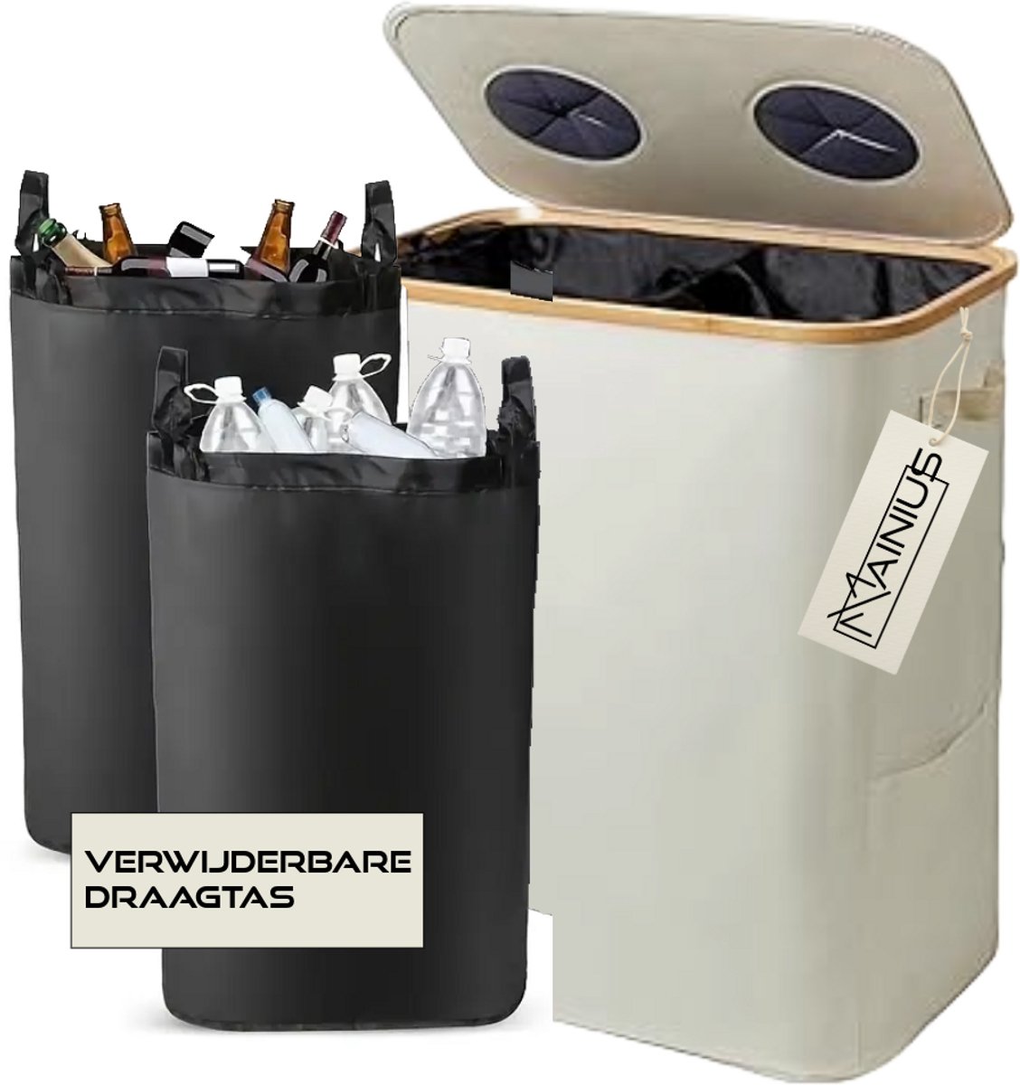 2-in-1 Statiegeldmand Beige – Flessen, Blikjes & Glasbak in Één | Afvalscheiding Bak | Recycle Dubbele Afvalbak | 140L | Statiegeld Container | Lege Flessen Inleveren
