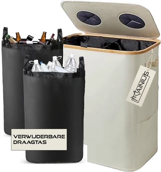 140L Statiegeldflescontainer 2 Compartimenten, Grote Statiegeldflescontainer Met Deksel Voor 80-110 Flessen Verzamelaar Voor Leeggoed & Oud Glas Recyclingcontainer Voor Keuken Voorraadkast