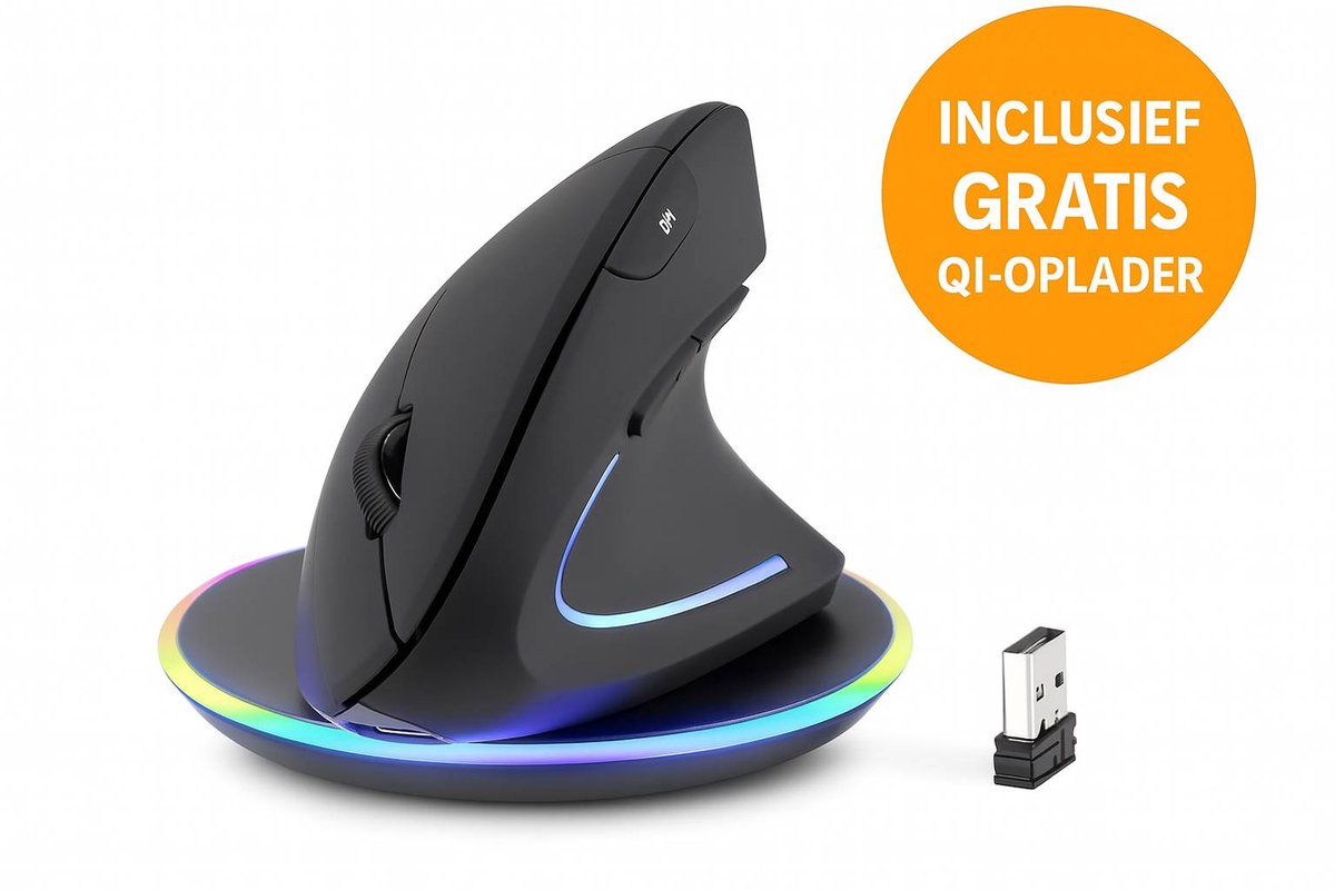 Perixx Perimice-713RXB Ergonomische Draadloze Muis – Oplaadbaar via Kabel & Qi – Inclusief Gratis Draadloze Oplader (ook voor bijv. airpods) – 2.4GHz – Stil - Rechtshandig
