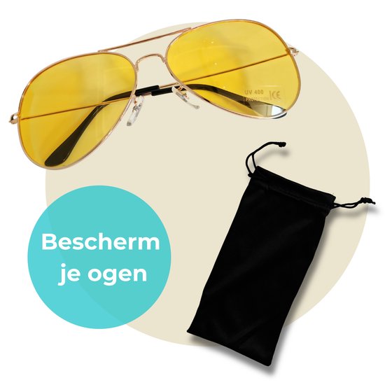 Gouden aviator zonnebril met gele glazen, UV 400 bescherming, en een zwart brillenhoesje.
