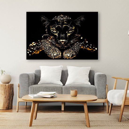 Panthère noire aux accents dorés - Peinture sur verre panthère - Peintures animalières - Hyperréalisme - Art sur plexiglas - Décoration de chambre - verre acrylique 120x80 cm
