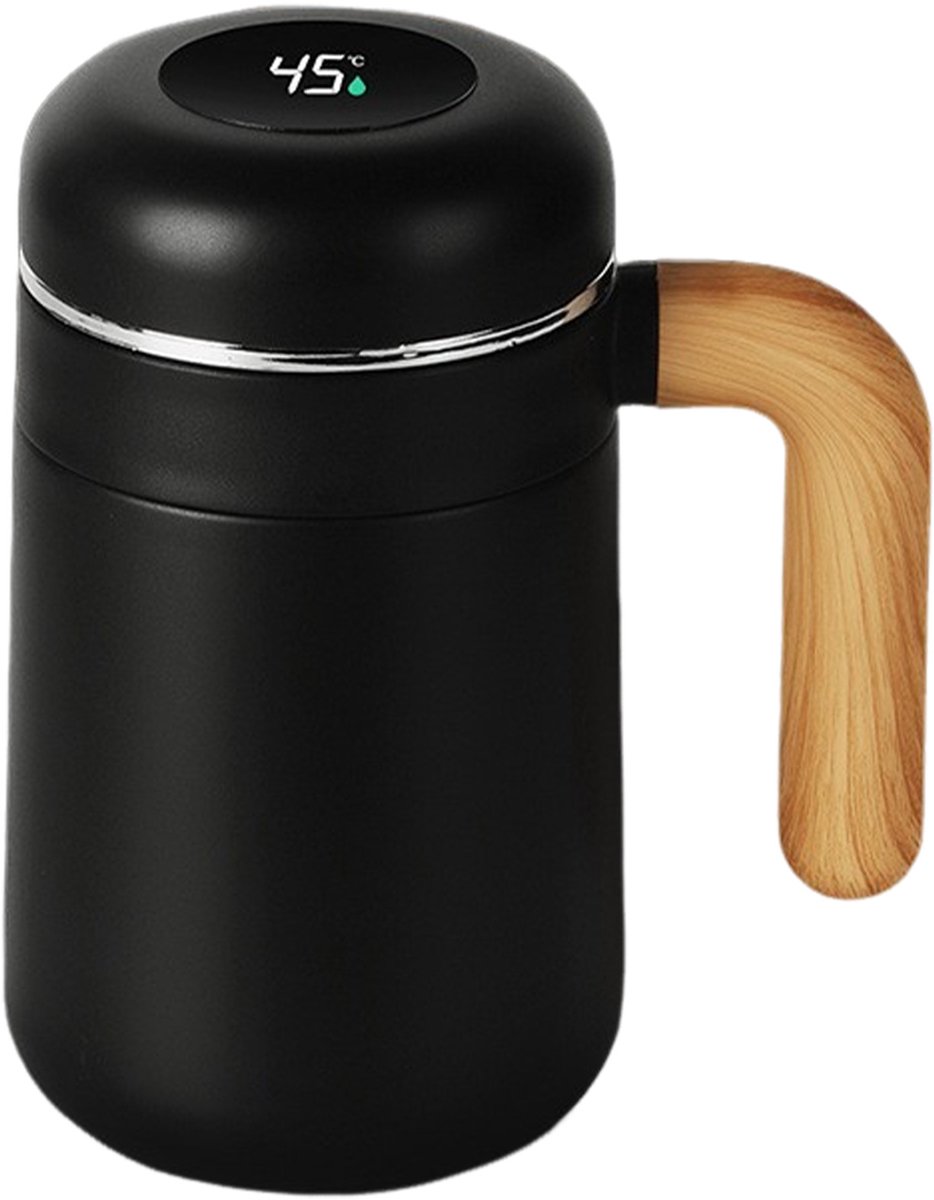CHIWIN Thermosfles Koffie Mok 480ml - RVS Drinkbeker met Temperatuur Display - Koffiebeker To Go met Handvat en Lekvrije Deksel voor Kantoor Reizen Camping