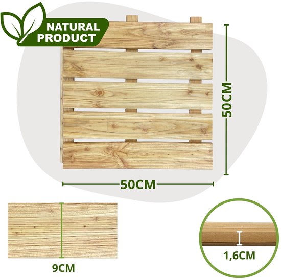 Floranica® Dalles de terrasse en bois 1 pc. 50x50 cm Bois de mélèze Non traité Sauna- sol de terrasse ou de balcon Planche en bois dans le jardin Surface fraisée Trois tailles et couleurs
