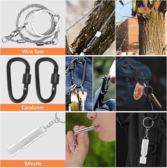 AuRiver Overlevingsset, nooduitrusting, overlevingsset met hamerabijl, multifunctionele noodset voor reizen, wandelen, kamperen in de bergen (zwart