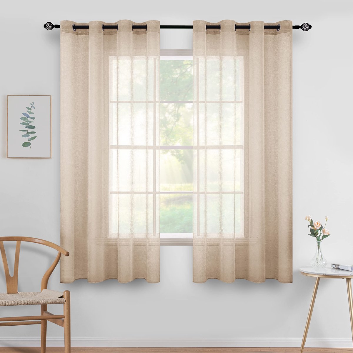 Ibenzoa Gordijnen met Ingestanste Ringen, Transparant Design voor Slaapkamer en Woonkamer, Set van 2, 140 x 122 cm, Kaki