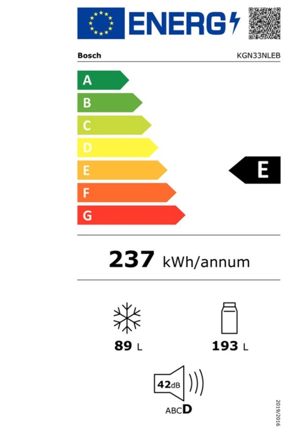 Energie-etiket van Bosch koel-vriescombinatie KGN33NLEB met energieklasse E, 237 kWh/annum, 89L vriesruimte en 193L koelruimte.
