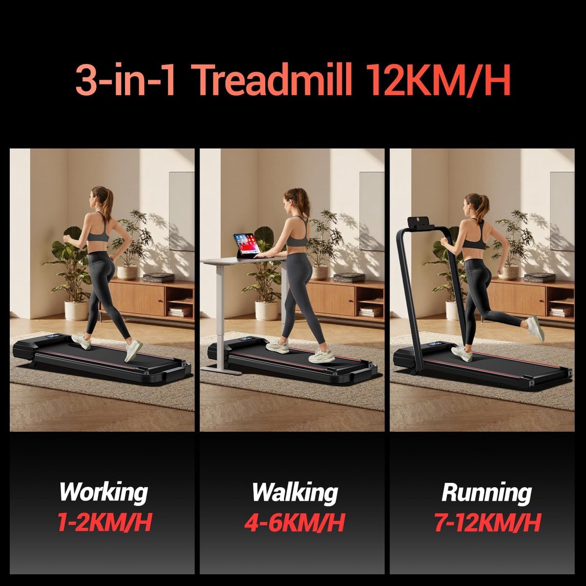 Afbeelding 2 van Opvouwbare loopband voor thuisgebruik met hellingfunctie (tot 9%) en een maximale snelheid van 12 km/u. Uitgerust met een borstelloze motor van 3,0 pk, 12 voorgeprogrammeerde programma's en een maximale belasting van 136 kg.