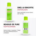 Flesje Eccellente melkzuur ontkalker met groene dop. Tekst: "Snel & krachtig ontkalken" en "Behoud de pure koffiesmaak".