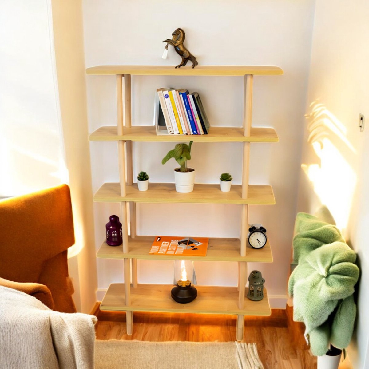 City of Wood Moderne houten boekenkast met vijf planken – Perfect voor opslag in de woonkamer of op kantoor - Beige