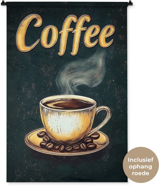 Wandkleed 90x135 cm - Wanddoek Koffie - Schotel - Koffiebonen - Retro - Wandtapijt - Wandkleden
