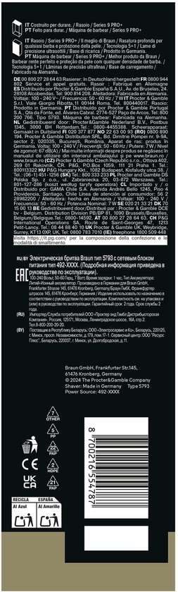 Arrière de l'emballage d'un rasoir Braun Series 9 PRO+, avec informations produit, logos et code-barres.