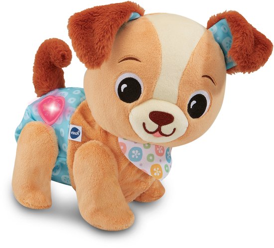 Een zachte, bruine puppy met een lichtblauwe, bloemrijke broek die een roze hartje oplicht.