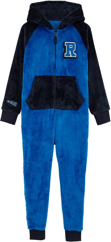 Blauwe onesie met donkerblauwe mouwen, capuchon, R-patch en voorzak.